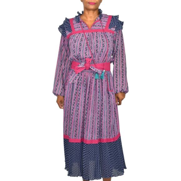 Vintage Mosaic Midi Dress Purple Mix Print Sheer Chiffon Blouson Peasant Medium - Picture 10 of 16